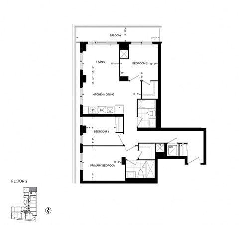 Floor plan for 3 beds, 2 baths, 965 sqft